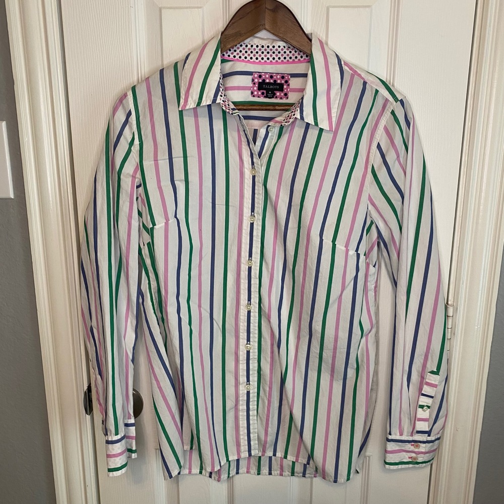 Talbots Womens Medium Pink Green Blue Striped Cotton Button Down Shirt Polka Dot